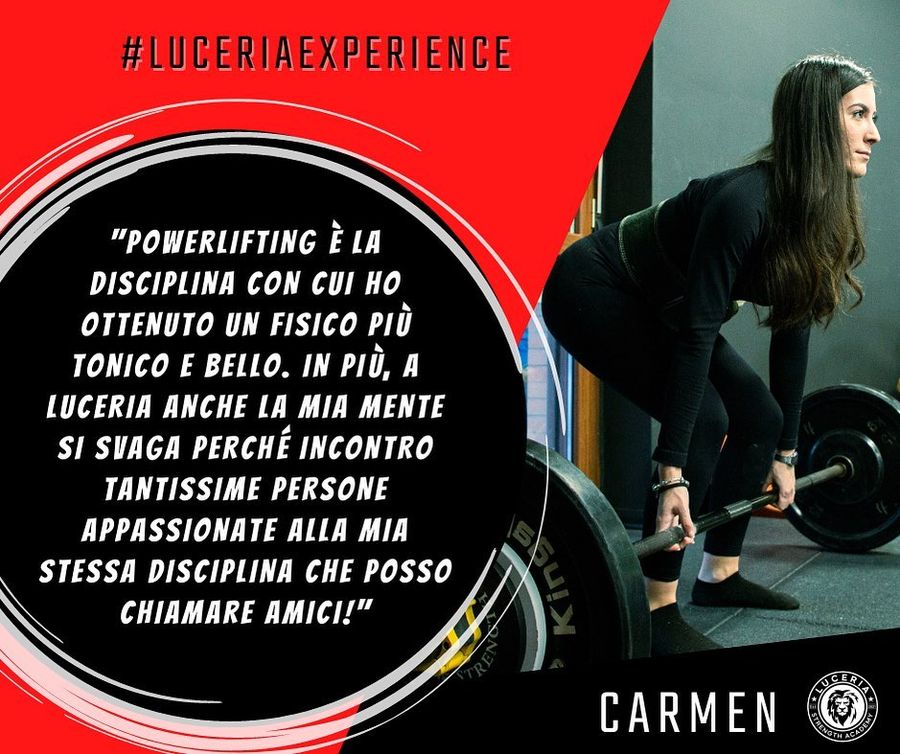 Testimonianza di Carmen: con il powerlifting ha ottenuto un fisico più tonico e in palestra ha incontrato persone appassionate alla sua stessa disciplina.