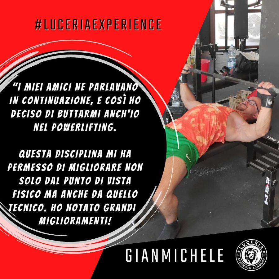 Testimonianza di Gianmichele: con il powerlifting è migliorato sia dal punto di vista fisico che tecnico.